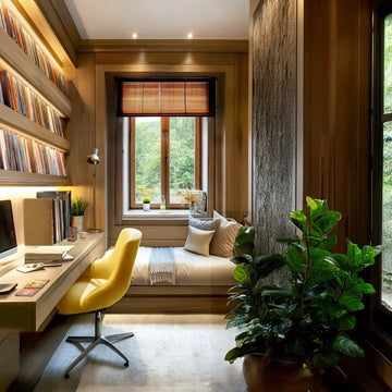 Warm Wooden Study Room with Integrated Daybed and Yellow Chair