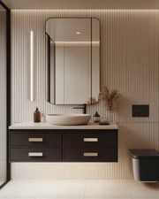 Luxury Fluted Panel Bathroom with Vanity & Soft Ambient Accents