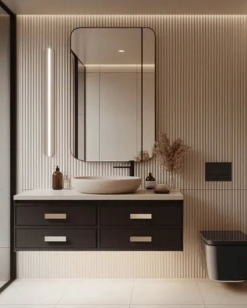 Luxury Fluted Panel Bathroom with Vanity & Soft Ambient Accents