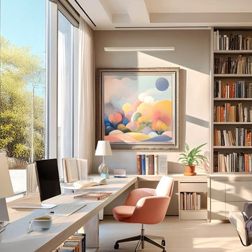 Elegant Beige Study Room with Artistic Wall Decor and Pink Chair