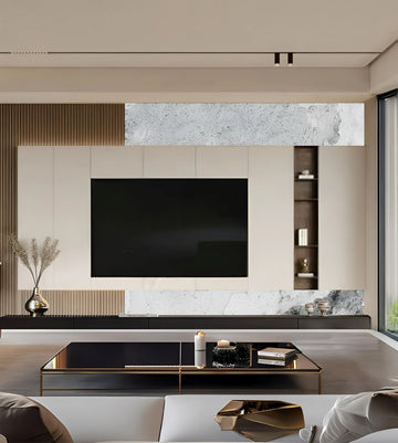 Sleek Minimalist Living Room with Textured Marble and Modern Elegance