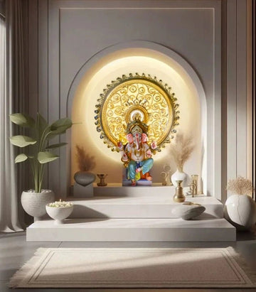 Minimalist Zen Mandir with Ornamental Backdrop and Lord Ganesha Idol