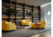 Chic Black-Walled Reading Lounge with Yellow   Accent Seating and Backlit Shelves