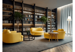 Chic Black-Walled Reading Lounge with Yellow   Accent Seating and Backlit Shelves