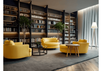 Chic Black-Walled Reading Lounge with Yellow   Accent Seating and Backlit Shelves