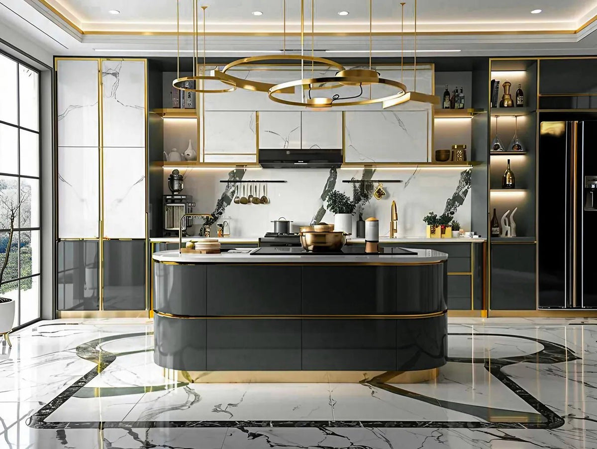 Modern Glamour Island Kitchen with Gold Accents – Davinciya