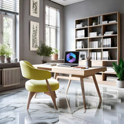 Modern Grey Study Room with Vibrant Yellow Chair and Botanical Art