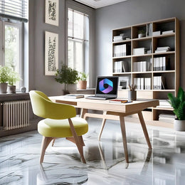 Modern Grey Study Room with Vibrant Yellow Chair and Botanical Art
