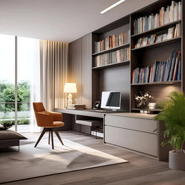 Modern Wooden Study Room with Warm Orange Chair and Extensive Shelving