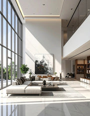 Premium Modern Living Room Design with Wooden Slat Wall and Statement Lighting