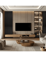 Premium Modern Living Room Design with Wooden TV Unit and Glass Shelves