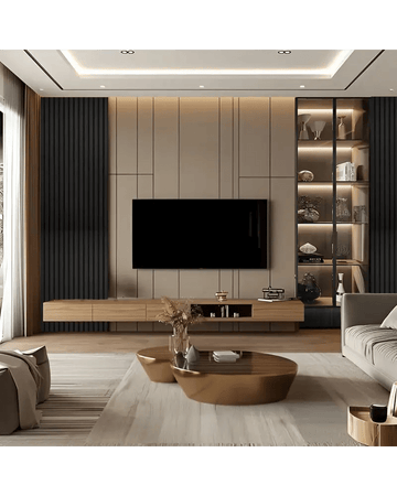 Premium Modern Living Room Design with Wooden TV Unit and Glass Shelves