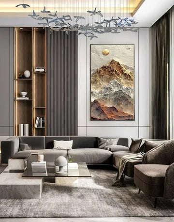 Modern Living Room Wall Design with 3D Art Panel & Open Niche Shelving
