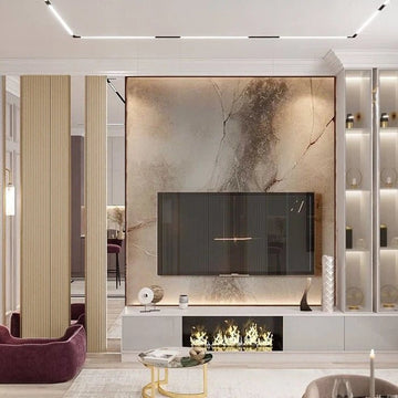 Elegant Modern Living Room with Marble Fireplace and Ambient Glow