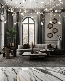 Luxury Living Room with Celestial Chandelier & Book-Matched Marble Accents