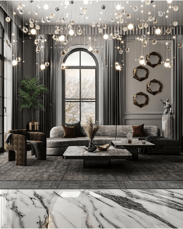 Luxury Living Room with Celestial Chandelier & Book-Matched Marble Accents