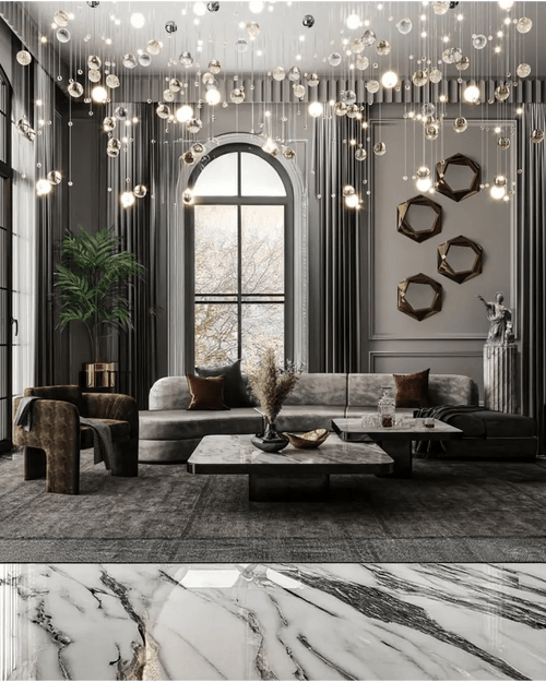 Luxury Living Room with Celestial Chandelier & Book-Matched Marble Accents