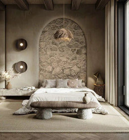Wabi-Sabi Inspired Bedroom with Raw Stone Niche & Earthcrafted Detailing