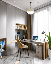 Modern Ash Wood Study Room with Mustard Chair   and Built-In Shelving