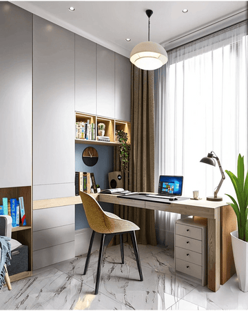 Modern Ash Wood Study Room with Mustard Chair   and Built-In Shelving