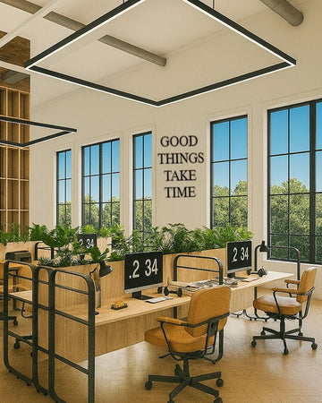Nature-Infused Industrial Workspace – Timeless Warmth, Effortless Focus