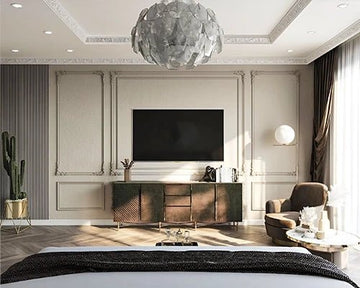 Premium Neo-Classical Bedroom TV Wall with Modern Lounge Corner & Sculptural Accents