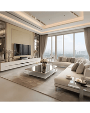 Serene Modern Living Room with Panoramic Views and Subtle Elegance