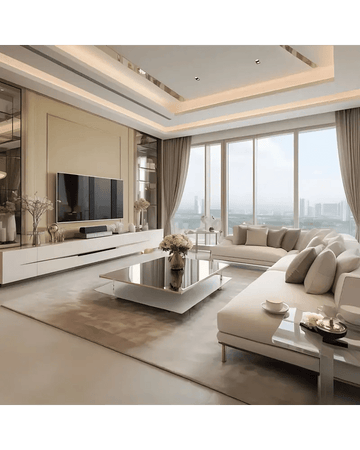 Serene Modern Living Room with Panoramic Views and Subtle Elegance