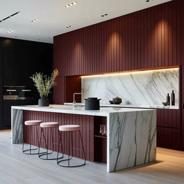 Opulent Maroon & Statuario Marble Island Kitchen
