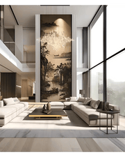 Premium Modern Living Room Design with Artistic Wall and Statement Lighting