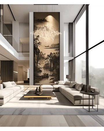 Premium Modern Living Room Design with Artistic Wall and Statement Lighting