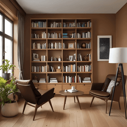 Warm Reading Room with Leather Chairs and Grid Bookshelves
