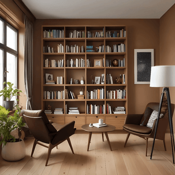 Warm Reading Room with Leather Chairs and Grid Bookshelves