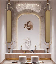 Elegant Minimalist Mandir with Marble Accents and Statement Lighting