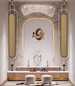 Elegant Minimalist Mandir with Marble Accents and Statement Lighting