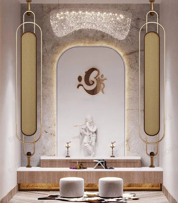 Elegant Minimalist Mandir with Marble Accents and Statement Lighting