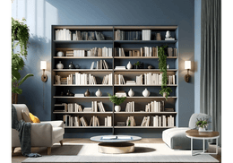 Soothing Blue Library Nook with Contemporary  Shelving and Botanical Touches