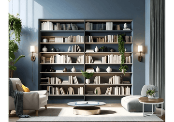 Soothing Blue Library Nook with Contemporary  Shelving and Botanical Touches