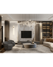 Luxurious Contemporary Living Space with Marble Accent Wall and Ambient Lighting
