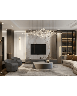 Luxurious Contemporary Living Space with Marble Accent Wall and Ambient Lighting