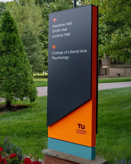 Contemporary Academic Wayfinding Totem with Color- Blocked Identity and Clean Typographic Hierarchy