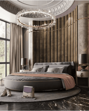 Sculpted Velvet Round Bed Bedroom with Crystal Halo Chandelier