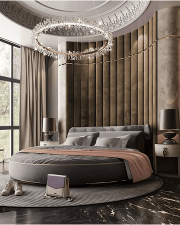 Sculpted Velvet Round Bed Bedroom with Crystal Halo Chandelier