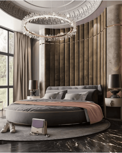 Sculpted Velvet Round Bed Bedroom with Crystal Halo Chandelier