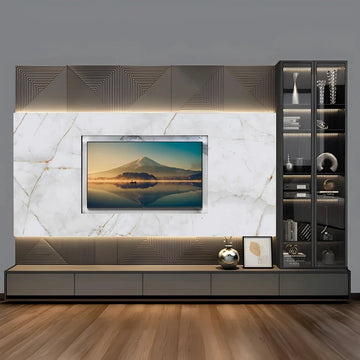 Premium Marble & Matte Grey TV Unit Design with Geometric Textures and Display Cabinet