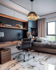 Sleek Black & Walnut Bedroom Study with Luxe  Marble Flooring