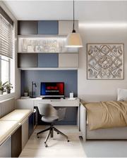 Modern Multi-Functional Blue and Grey Study Room with Integrated Bed