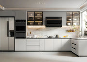 Minimalist L-Shaped Kitchen with Backlit Glass Accents