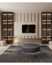 Minimalist Modern Living Room with Textured Wall and Illuminated Shelving