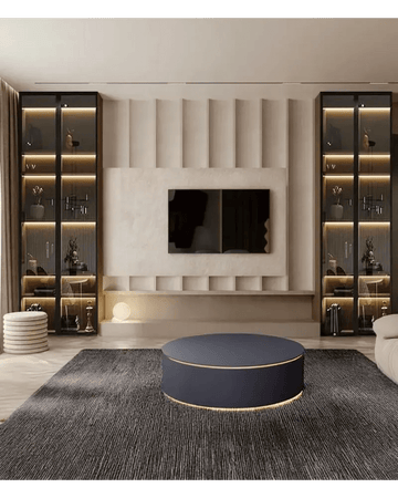 Minimalist Modern Living Room with Textured Wall and Illuminated Shelving